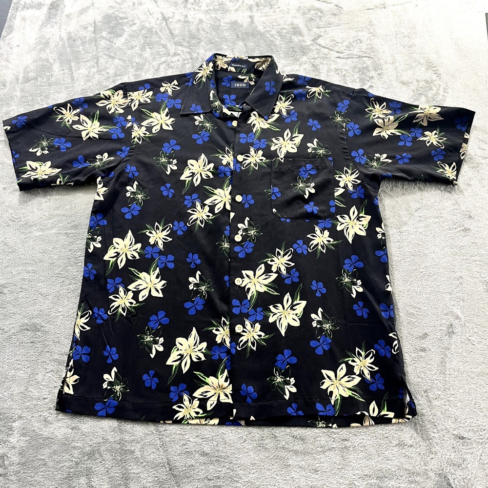 IZOD Mens Large Black Floral Short Sleeve Button Up 100% Silk Tropical Shirt
